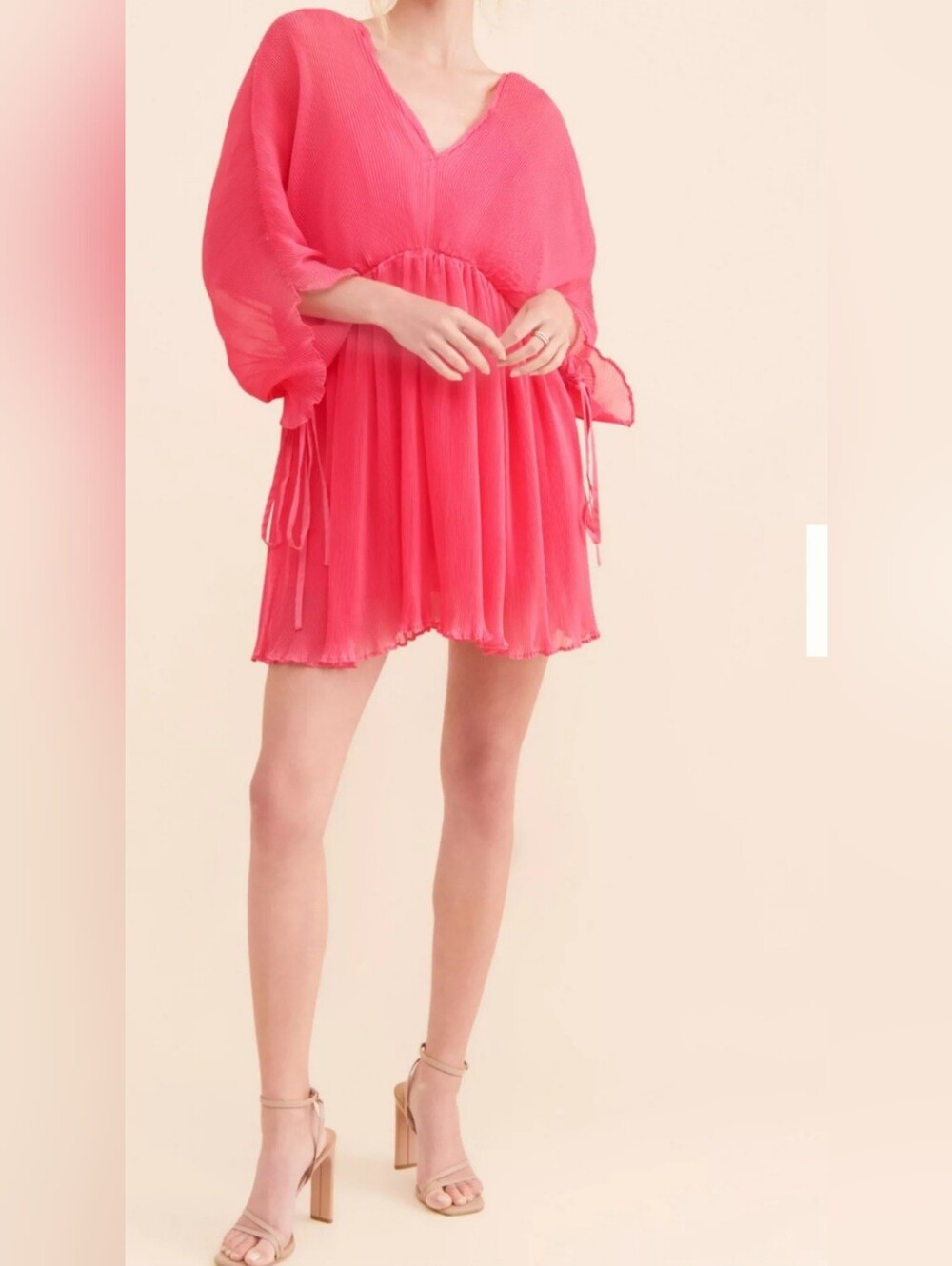 Pleated V-Neck Mini Dress in Vibrant Coral